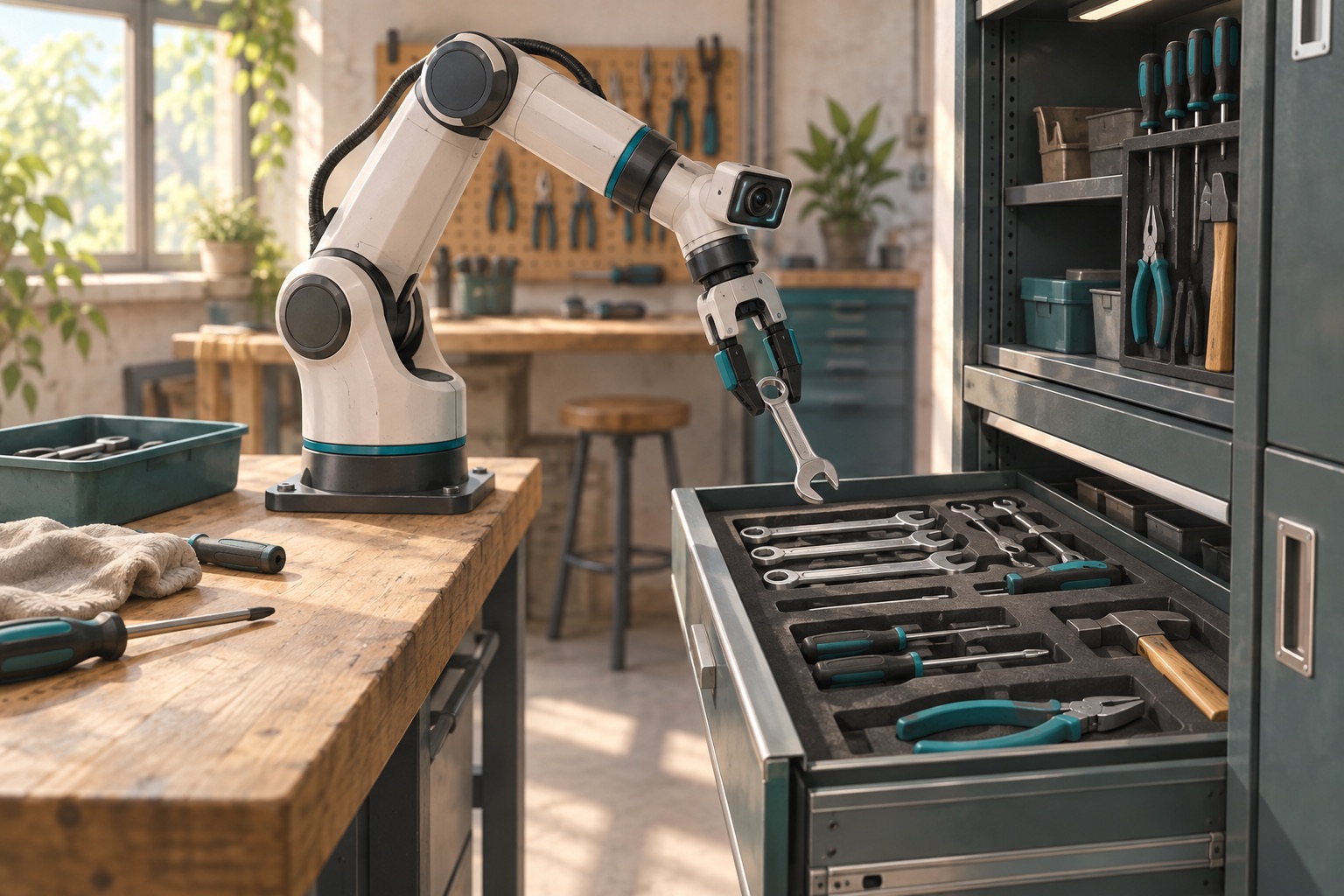 Concept illustration of a camera-equipped robotic arm placing a wrench into an organized tool drawer.