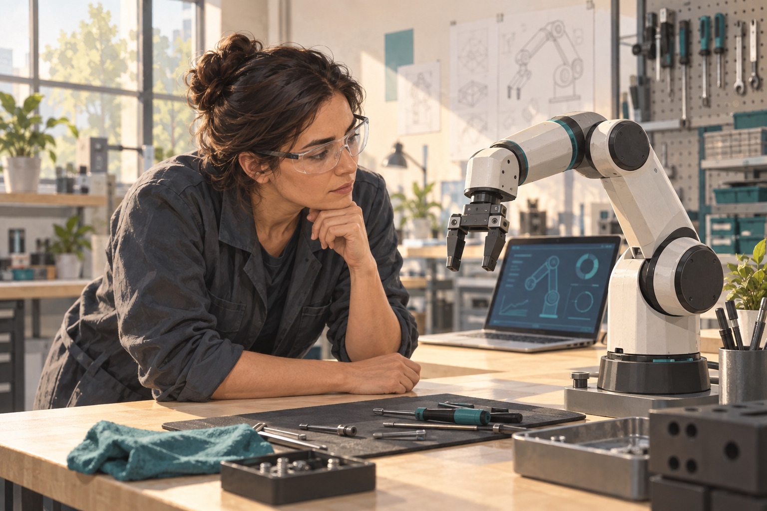 Concept illustration of a technician wearing safety glasses and inspecting a stationary robotic arm beside a diagnostic laptop.